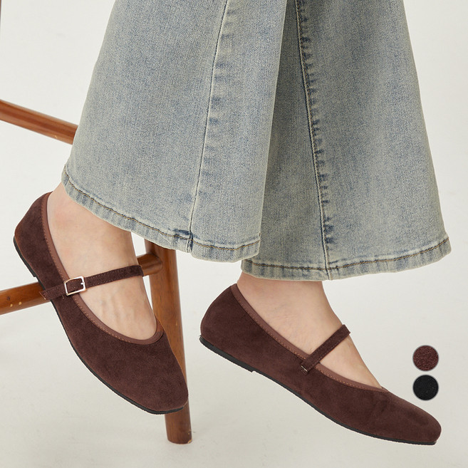 afinar 女士麂皮瑪莉珍抓皺平底鞋