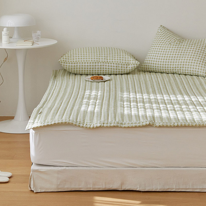 마틸라 디어썸머 시어서커 고정밴드 침대패드, 올리브체크