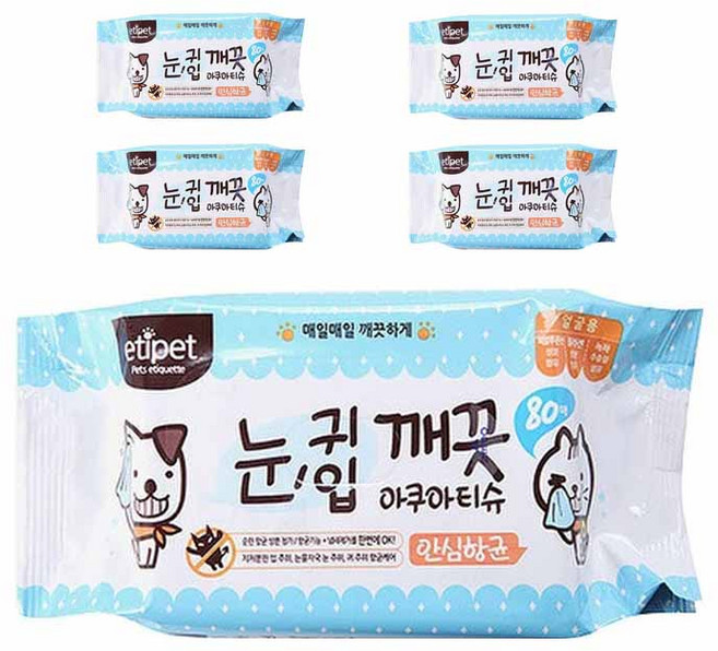 에티펫 반려동물용 눈귀입 깨끗 아쿠아티슈 80매, 300g, 5개