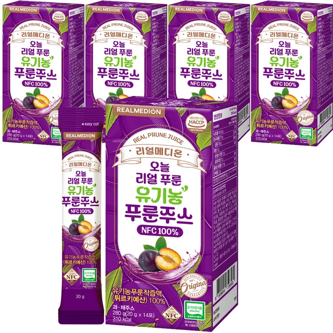 리얼메디온 오늘 리얼 유기농 푸룬주스 NFC 100% 14p, 5개, 280g - 쿠팡