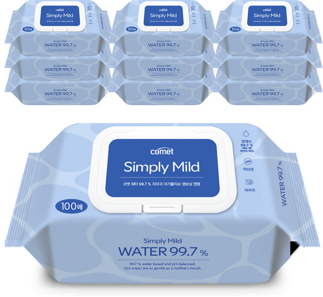 코멧 워터 99.7% 마일드 엠보싱 아기물티슈 캡형 피부 저자극 인증, 10팩, 100매, 50g