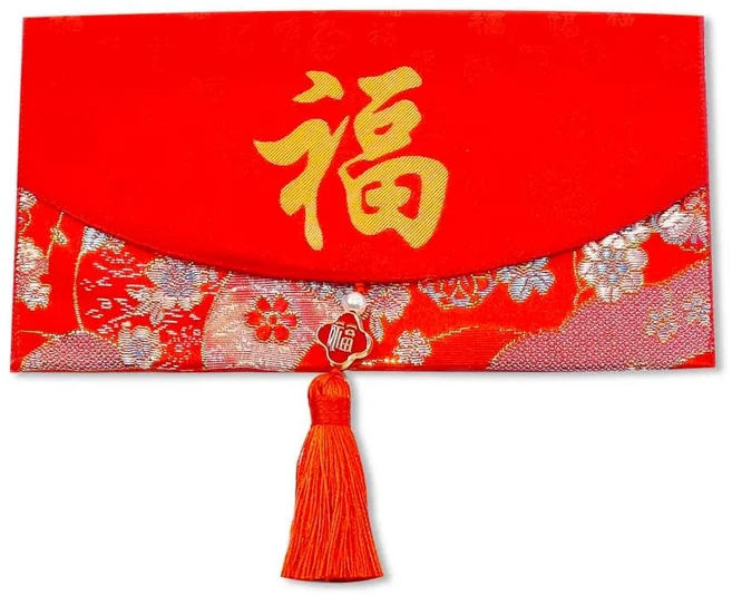 MODACore 摩達客 春節開運招財 高級綢緞橫式金福字太陽花流蘇藝術紅包袋錢包/單入, 1個