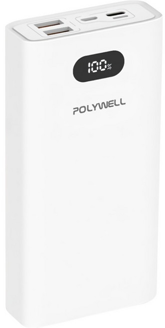 POLYWELL 寶利威爾 22W LED數顯行動電源 20000mAh USB/Type-C/Micro USB/Lightning, PW15-T16-A012, 白色