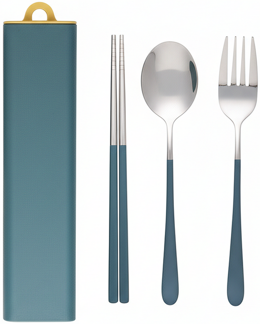 拉伸盒便攜餐具 筷勺3件組, 藍色 + 銀色, 筷子 + 湯匙 + 叉子, 1組