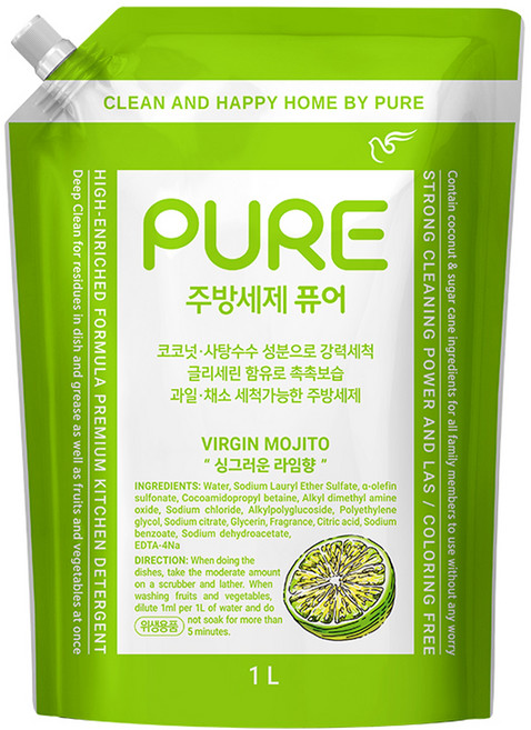 피죤퓨어 버진 모히토 주방세제, 1개, 1L