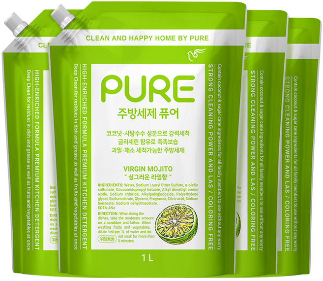 피죤퓨어 버진모히토 주방세제, 4개, 1L