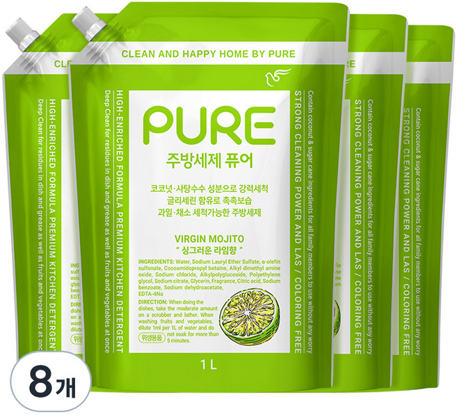 피죤퓨어 버진모히토 주방세제, 8개, 1L