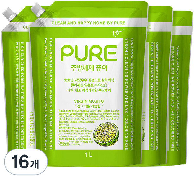 피죤퓨어 버진모히토 주방세제, 16개, 1L