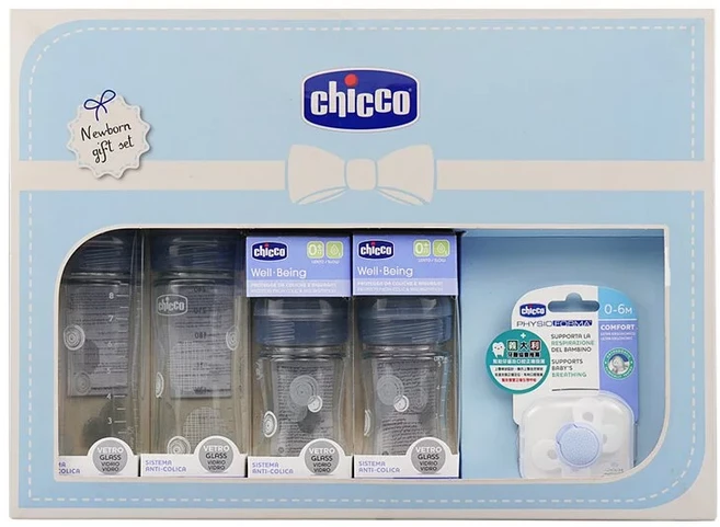chicco 舒適哺乳玻璃奶瓶彌月禮盒 0歲以上 240ml x 2 + 150ml x 2, 灰白色, 780ml, 1組