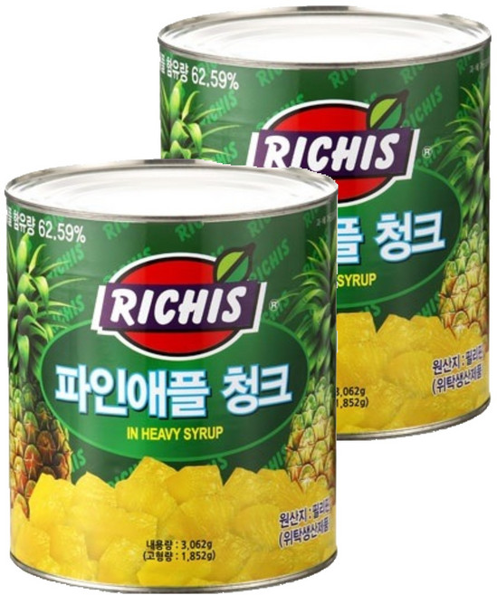리치스 파인애플 청크 통조림, 3.062kg, 2개