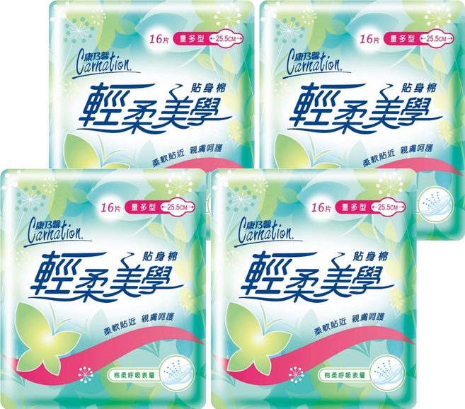 康乃馨 輕柔美學貼身衛生棉, 量多型 25.5cm, 16片, 4包