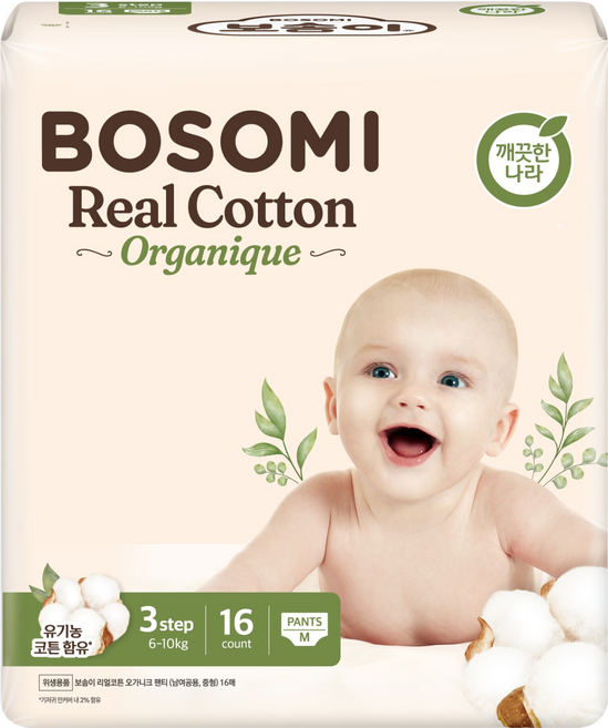 보솜이 리얼코튼 오가니크 팬티형 기저귀 남여공용, 중형(M), 16매