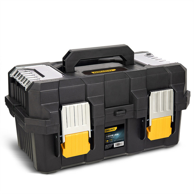 델리툴즈 휴대용 대용량 플라스틱 접이식 3단 스토리지 공구 보관 툴박스 블랙 옐로우 DL432519, 1개