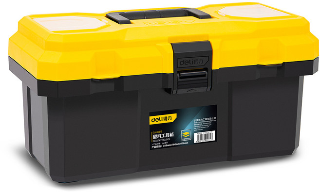델리툴즈 휴대용 플라스틱 트레이타입 듀얼 레이어 스토리지 공구 보관 툴박스 블랙 옐로우 DL432615, 1개