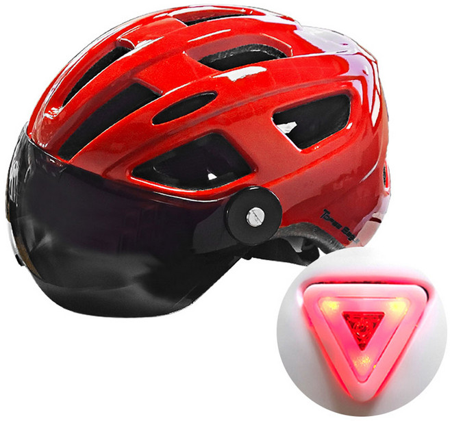 호비바이크 방탄고글 + 후미등 일체형 인몰드 자전거헬멧, 유광레드, 1개