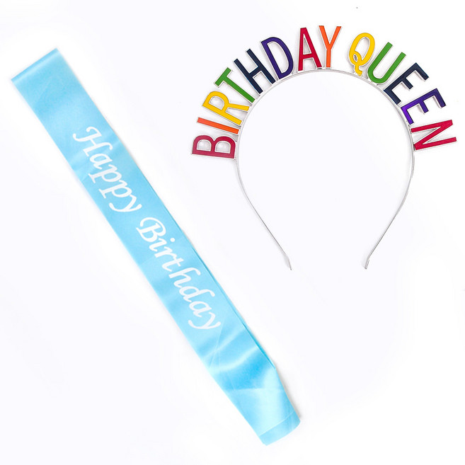 파티쇼 해피벌스데이 생일어깨띠 블루 + 레터링 생일머리띠 벌스데이퀸 실버 대, 혼합색상, 1세트