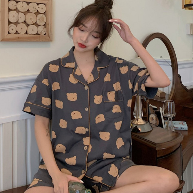 Elsso 情侶款翻領短袖短褲睡衣套裝