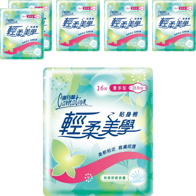 康乃馨 輕柔美學貼身衛生棉, 量多型 25.5cm, 16片, 6包