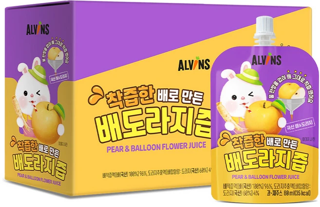엘빈즈 착츱한 배로 만든 배도라지즙, 80ml, 20개, 혼합맛(배/도라지) - 쿠팡