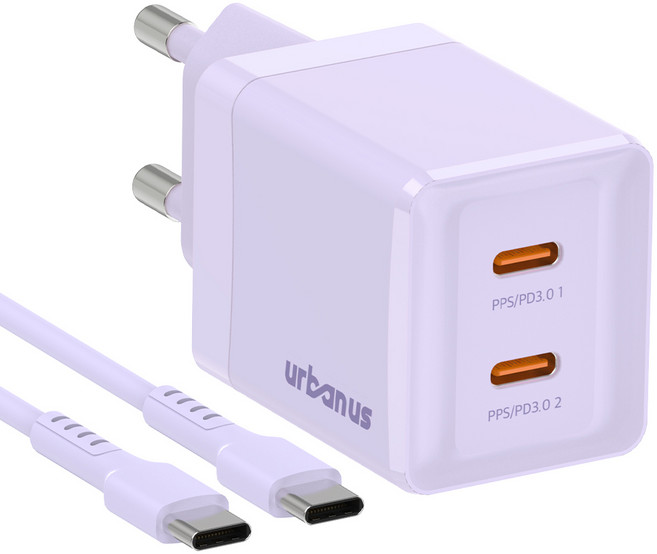 어반어스 GaN 45W 미니 C타입 2포트 PD PPS 초고속 충전기 60W C to C 케이블 1.5m, 퍼플, 1개