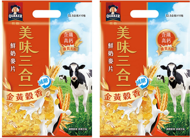 QUAKER 桂格 美味三合一麥片 金黃穀香減糖, 325g, 2袋