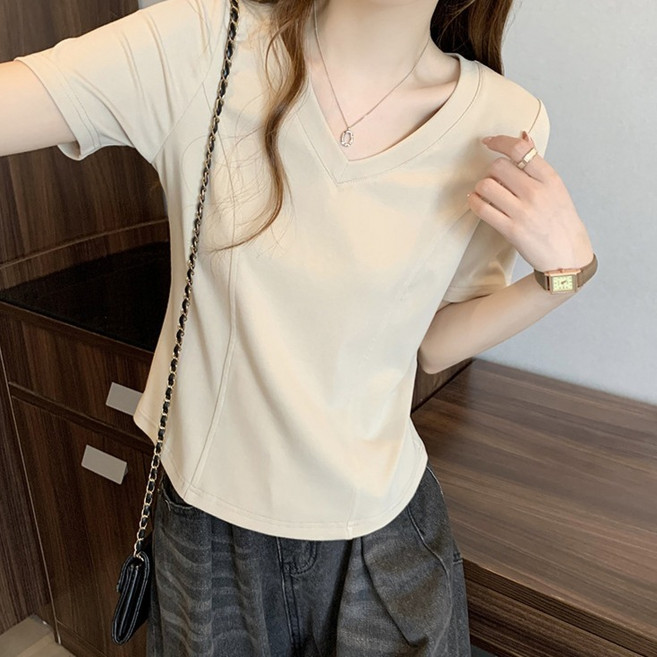 구디프 여성용 여리여리핏 브이넥 반팔 티셔츠