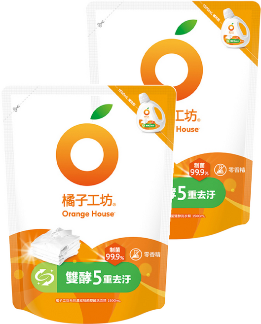 Orange House 橘子工坊 天然濃縮制菌雙酵洗衣精 補充包, 1.5L, 2包