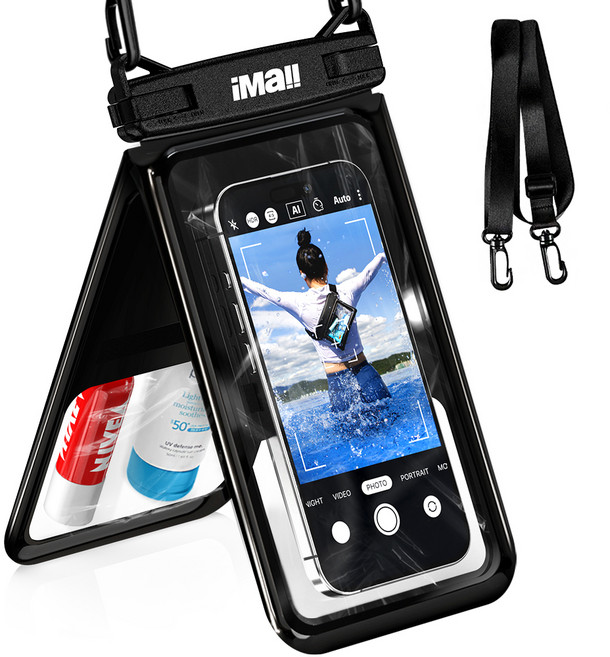 아이몰 더블 포켓 2중 잠금 스마트폰 방수팩 + 넥스트랩 세트, 1세트, 블랙