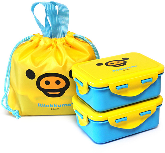 리락쿠마 사각 밀폐 2단 도시락 + 가방 세트, 옐로우, 1세트