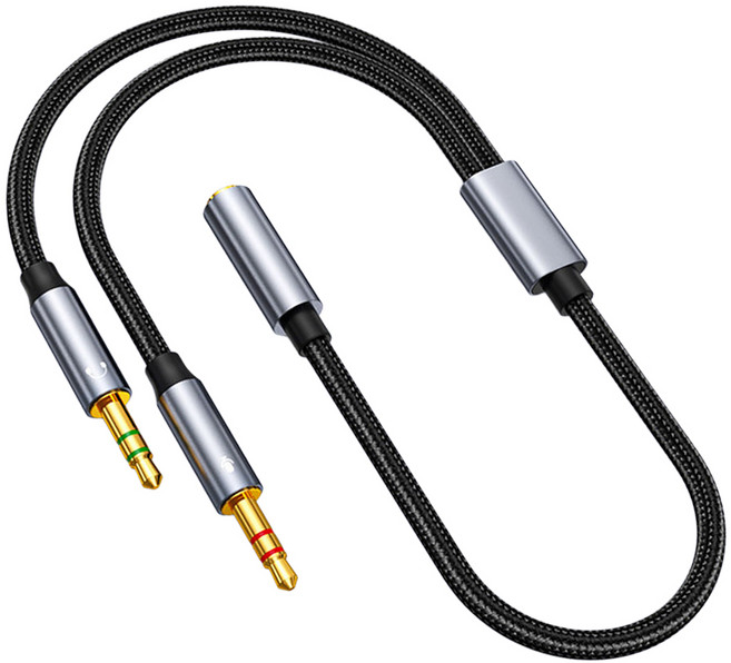 누아트 4극 스테레오 이어폰 마이크 분리 2in1 Y형 연장 AUX 케이블 3.5mm, 그레이, 1개