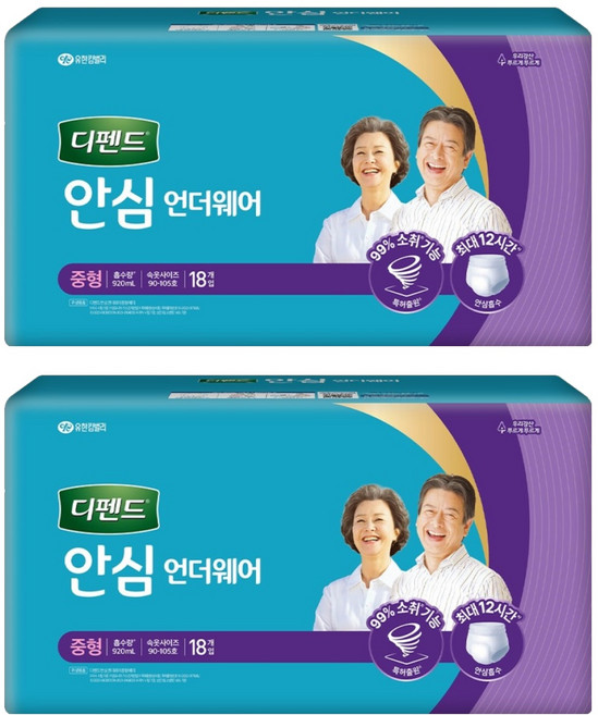 디펜드 남녀공용 안심플러스 언더웨어 성인기저귀, 중형, 18개입, 2개