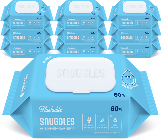 스너글스 물에 풀어지는 비데티슈 피부 저자극 인증, 10팩, 60매, 55g
