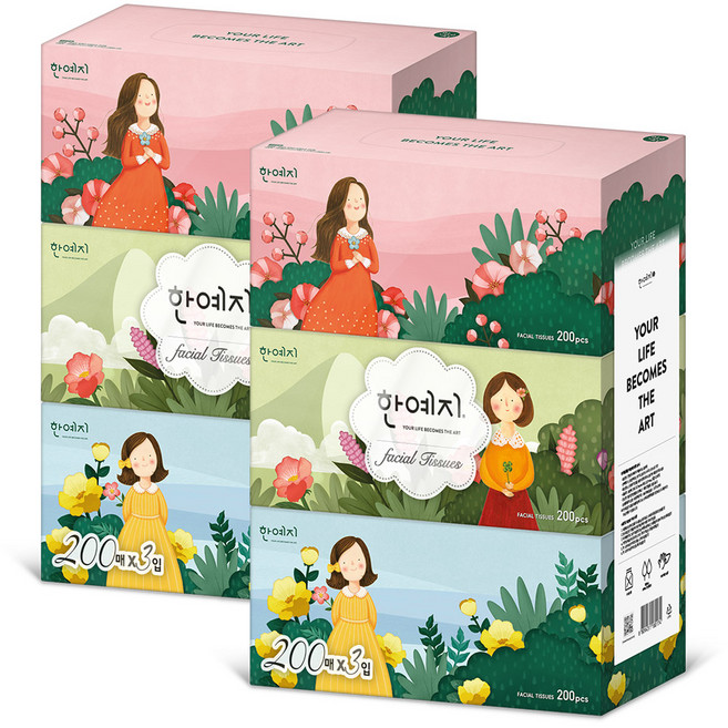 한예지 캐릭터 미용티슈 천연펄프 2겹, 200매, 6개