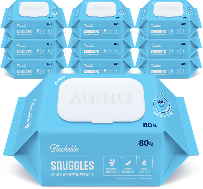 스너글스 물에 풀어지는 비데티슈 피부 저자극 인증, 10팩, 80매, 55g