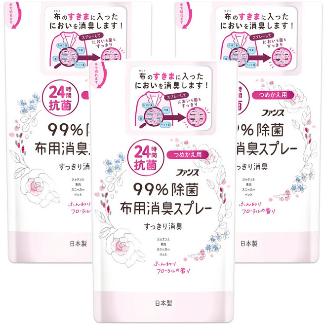 第一石鹼 FUNS布用消臭噴霧 補充包 清爽花香, 3包, 320ml