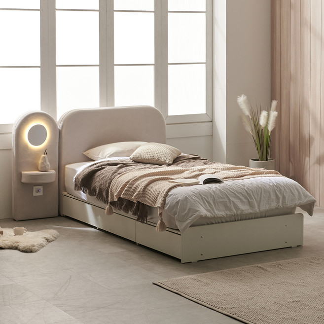 보니애가구 포든 수납 침대프레임 + 협탁 + 스파인코어 매트리스 세트 방문설치, 라이트그레이