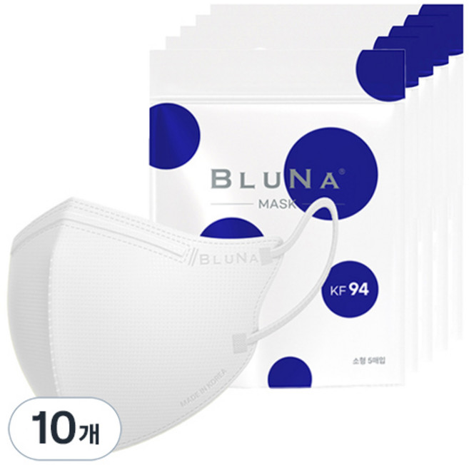 블루나 숨편한 2D 소형 황사방역 컬러마스크 새부리형 KF94, 5매입, 10개, 화이트