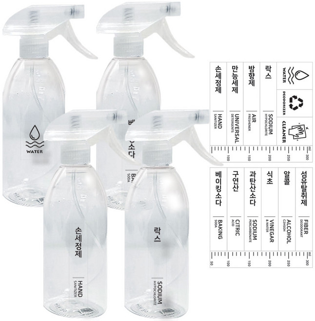 월드크린 투명분무기 500ml x 4p + 라벨스티커, 1세트