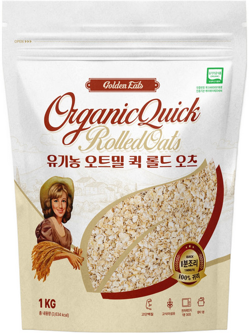 골든잇츠 유기농 퀵 오트밀, 1kg, 1개