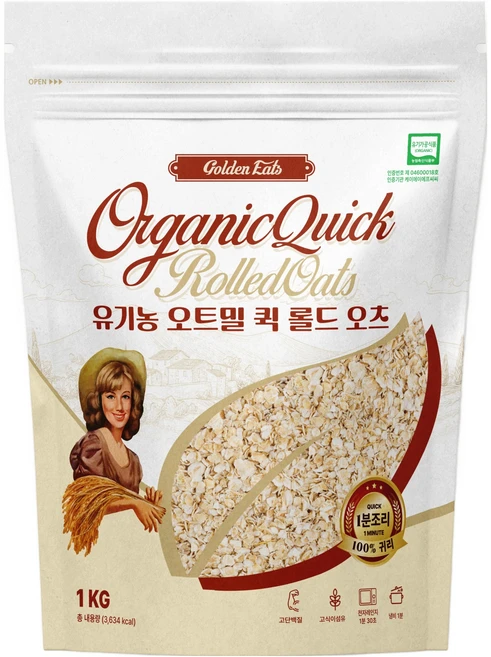 골든잇츠 유기농 퀵 오트밀, 1kg, 1개 - 쿠팡