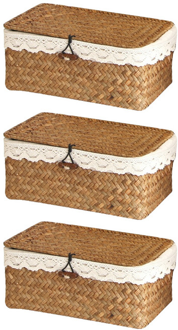 공간안애 뚜껑 사각 라탄바구니 + 커버 세트, 네츄럴, 3세트