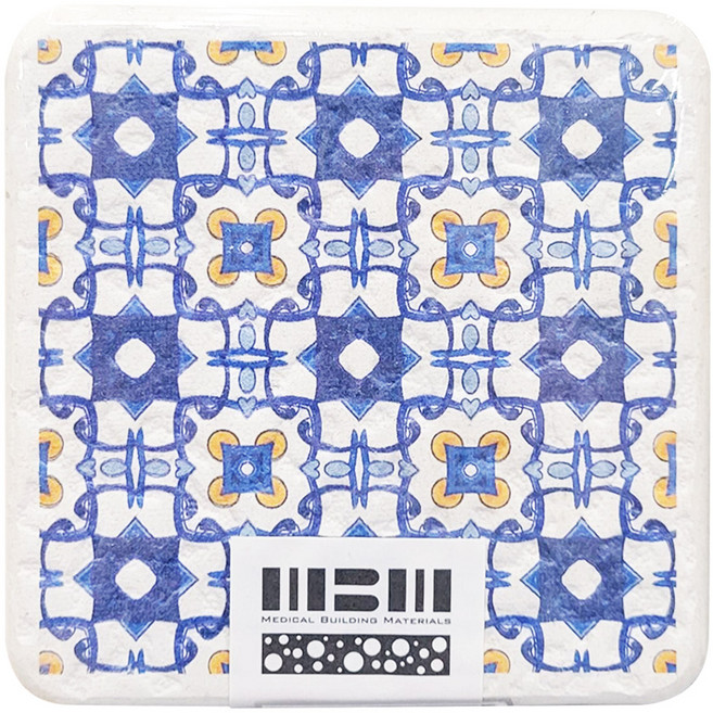 MBM MIT花磚珪藻土吸水杯墊 復古映像b 1個 10 x 10 x 1.2cm 藍色 + 白色 + 黃色