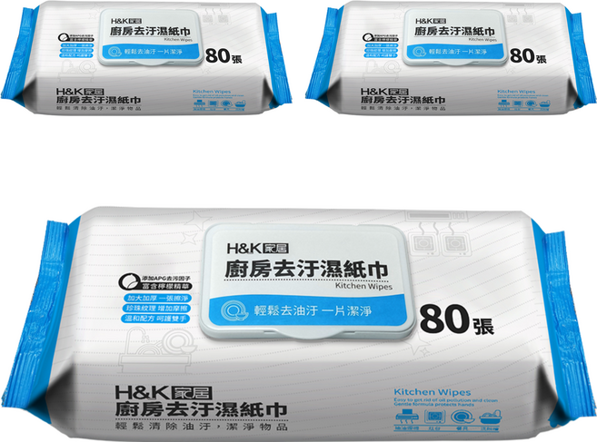 H&K 家居 廚房去汙濕紙巾 掀蓋包, 3包, 1入