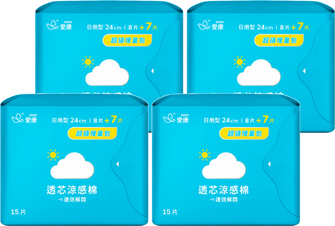 icon 愛康 透芯涼感衛生棉, 日用型(24cm), 15片, 4包