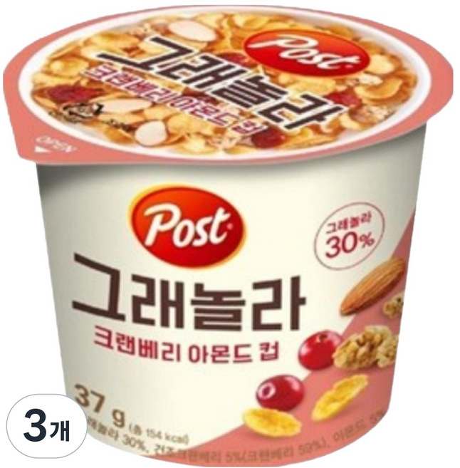 포스트 크랜베리 아몬드 컵 시리얼, 37g, 3개