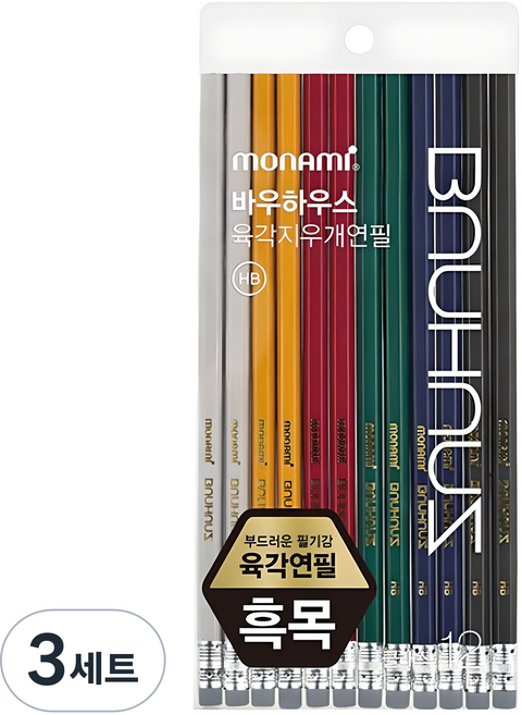 모나미 바우하우스 클래식 육각지우개 연필 2B 12본 세트, 혼합색상, 3개
