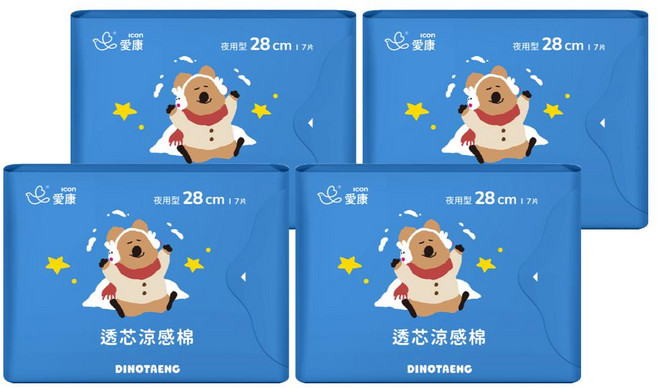icon 愛康 DINOTAENG特別款 透芯涼感棉 護翼型, 夜用型(28cm), 7片, 4包