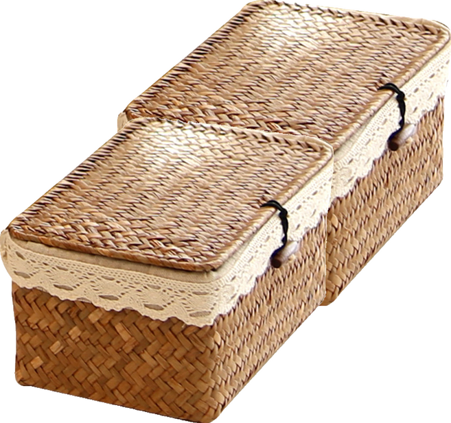 공간안애 뚜껑 사각 라탄 바구니 + 커버, 네츄럴, 2세트