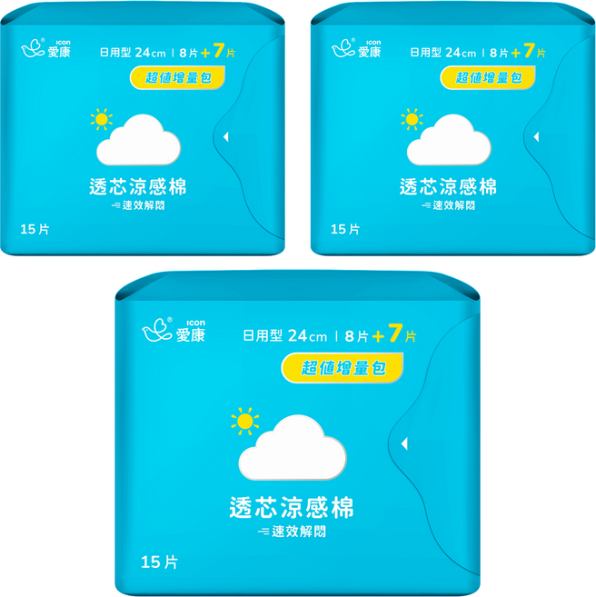 icon 愛康 透芯涼感衛生棉, 日用型(24cm), 15片, 3包