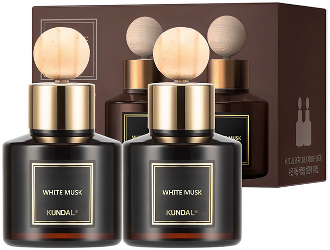 쿤달 퍼퓸 차량용 방향제 75ml 2개 + 우드볼 스틱 2개 세트, 화이트머스크향, 1세트